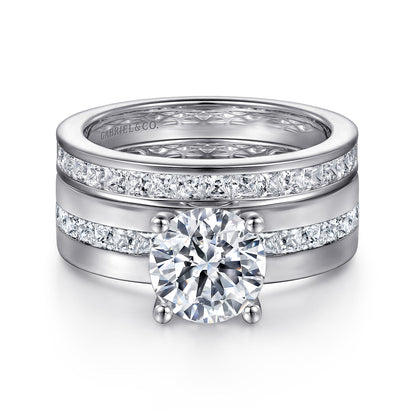 14K White Gold Wide Band Round Diamond Engagement Ring — Gabriel & Co. ER16260R6W44JJ; center stone shown for illustration, not included