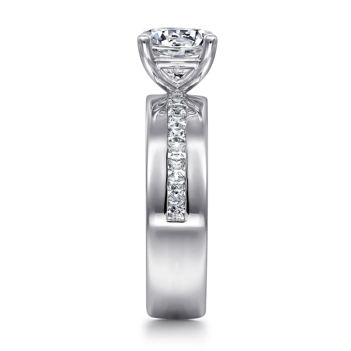 14K White Gold Wide Band Round Diamond Engagement Ring — Gabriel & Co. ER16260R6W44JJ; center stone shown for illustration, not included