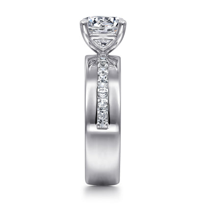 14K White Gold Wide Band Round Diamond Engagement Ring — Gabriel & Co. ER16260R6W44JJ; center stone shown for illustration, not included
