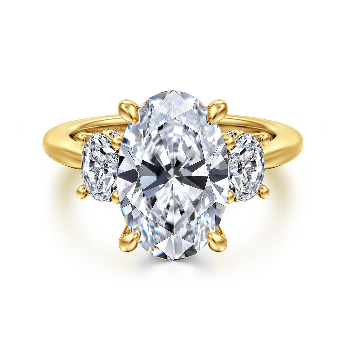 14K Yellow Gold Three Stone Oval Diamond Engagement Ring — Gabriel & Co. ER16285O16Y44JJ; center stone shown for illustration, not included
