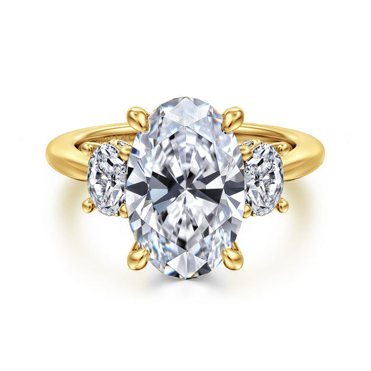 14K Yellow Gold Three Stone Oval Diamond Engagement Ring — Gabriel & Co. ER16285O16Y44JJ; center stone shown for illustration, not included