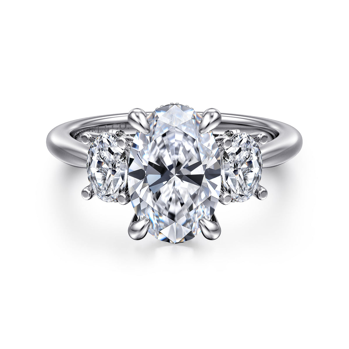 14K White Gold Three Stone Oval Diamond Engagement Ring — Gabriel & Co. ER16285O8W44JJ; center stone shown for illustration, not included