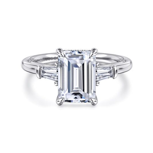 14K White Gold Emerald Cut Three Stone Diamond Engagement Ring — Gabriel & Co. ER16288E10W44JJ; center stone shown for illustration, not included