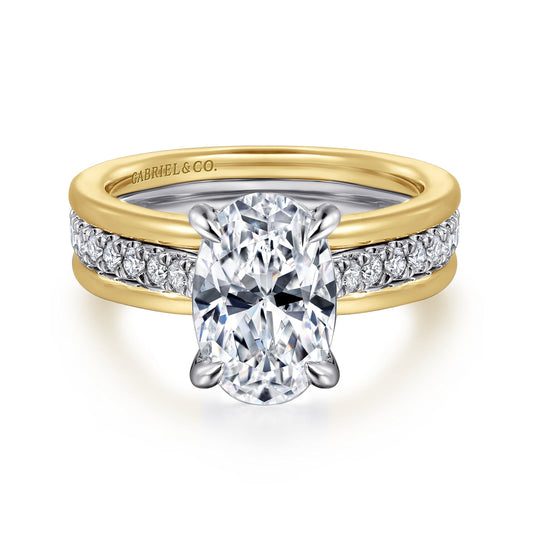 14K Yellow-White Gold Wide Band Oval Diamond Engagement Ring — Gabriel & Co. ER16303O8M44JJ; center stone shown for illustration, not included