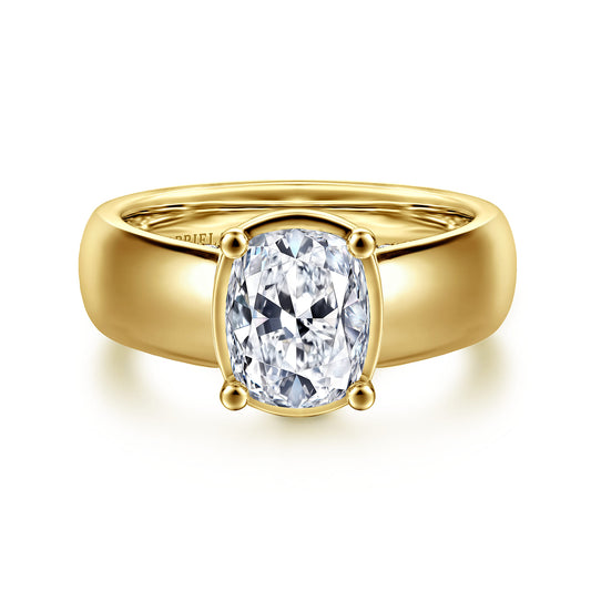 14K Yellow Gold Bezel Prong Wide Band Elongated Cushion Diamond Engagement Ring — Gabriel & Co. ER16304G8Y44JJ; center stone shown for illustration, not included