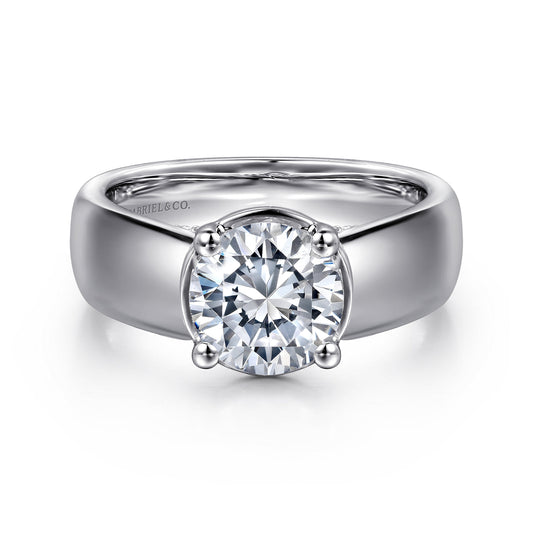 14K White Gold Bezel Prong Wide Band Round Diamond Engagement Ring — Gabriel & Co. ER16304R6W44JJ; center stone shown for illustration, not included