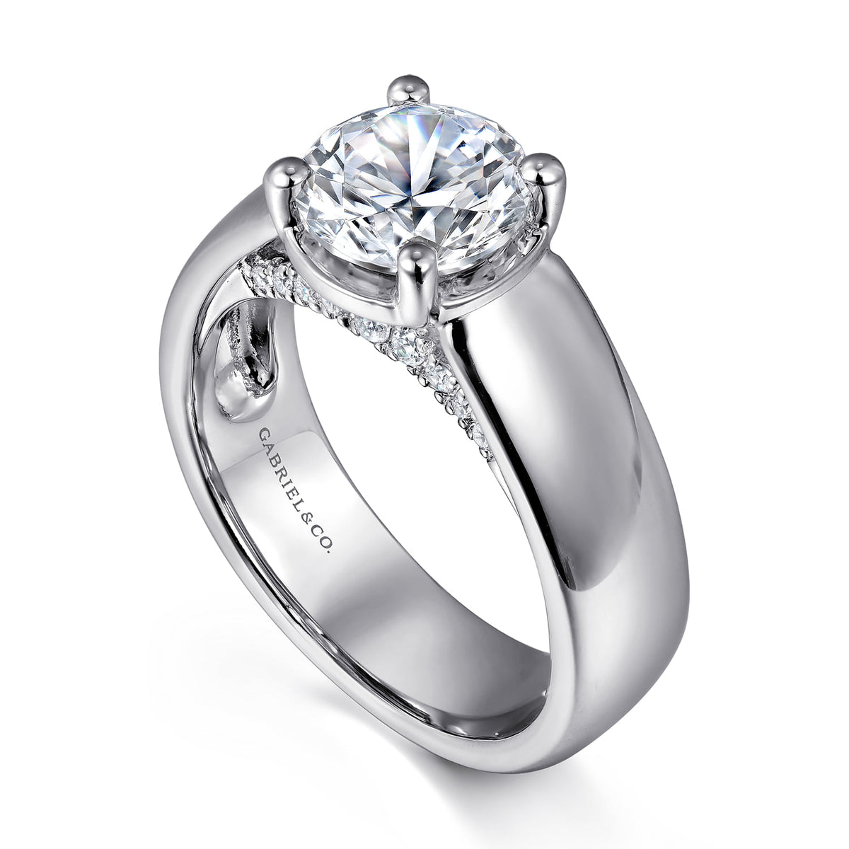 14K White Gold Bezel Prong Wide Band Round Diamond Engagement Ring — Gabriel & Co. ER16304R6W44JJ; center stone shown for illustration, not included