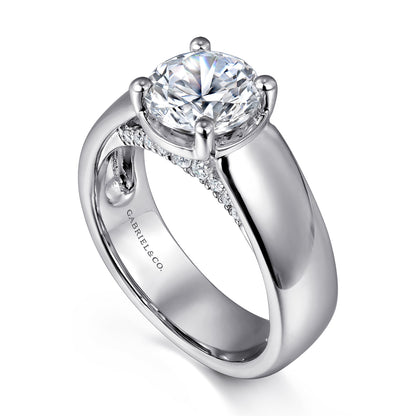 14K White Gold Bezel Prong Wide Band Round Diamond Engagement Ring — Gabriel & Co. ER16304R6W44JJ; center stone shown for illustration, not included