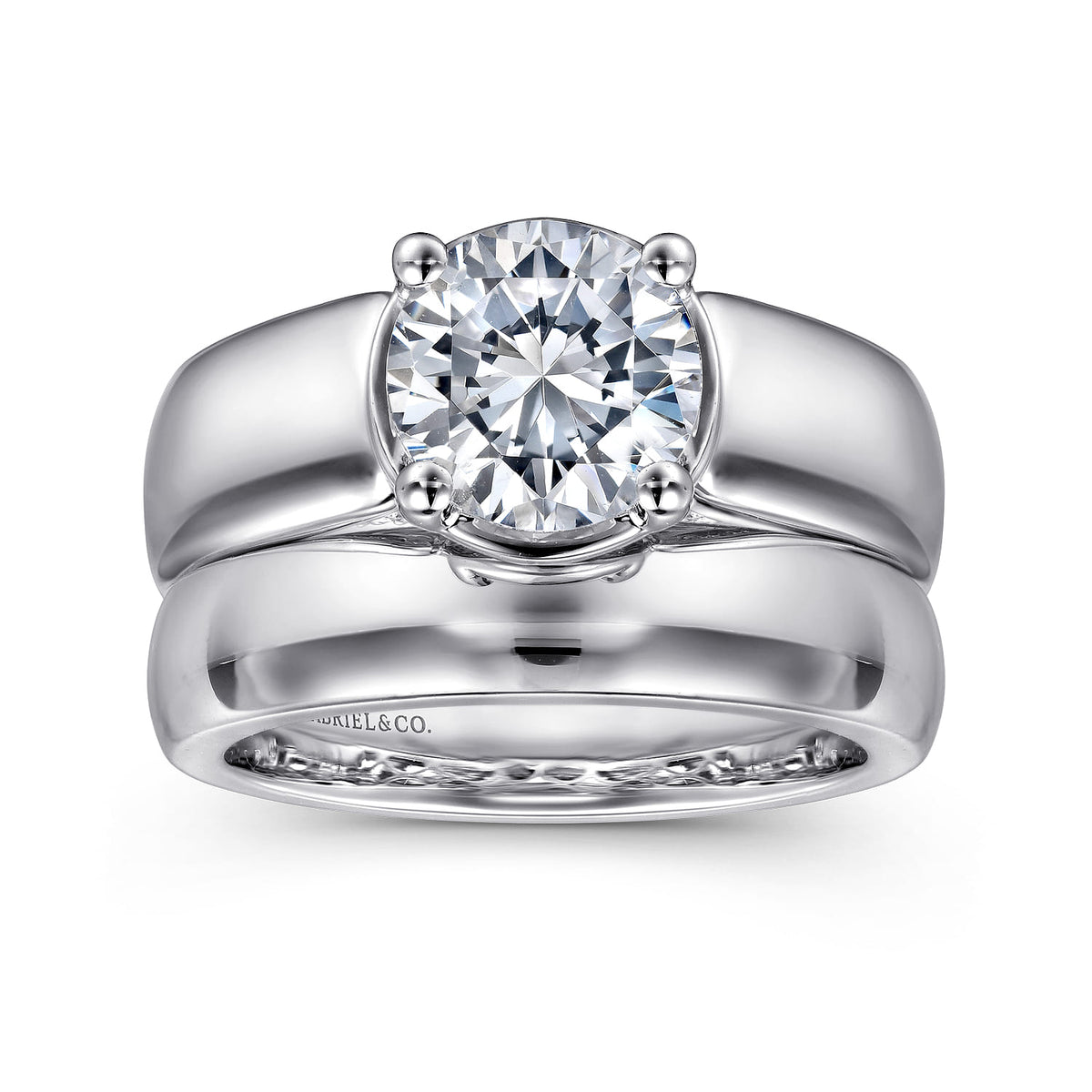 14K White Gold Bezel Prong Wide Band Round Diamond Engagement Ring — Gabriel & Co. ER16304R6W44JJ; center stone shown for illustration, not included