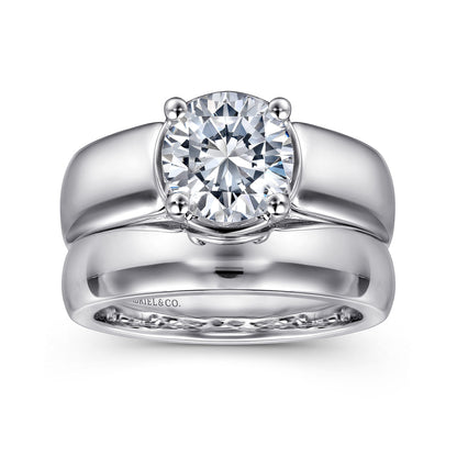 14K White Gold Bezel Prong Wide Band Round Diamond Engagement Ring — Gabriel & Co. ER16304R6W44JJ; center stone shown for illustration, not included