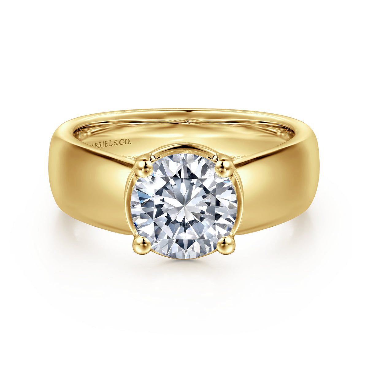 14K Yellow Gold Bezel Prong Wide Band Round Diamond Engagement Ring — Gabriel & Co. ER16304R6Y44JJ; center stone shown for illustration, not included