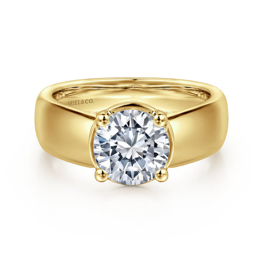14K Yellow Gold Bezel Prong Wide Band Round Diamond Engagement Ring — Gabriel & Co. ER16304R6Y44JJ; center stone shown for illustration, not included