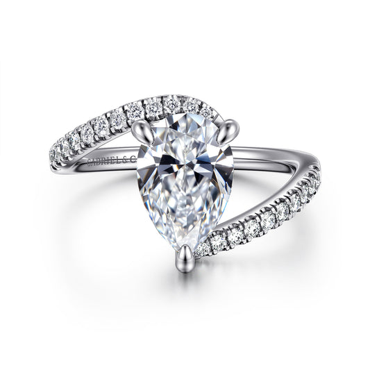 14K White Gold Bypass Pear Shape Hidden Halo Diamond Engagement Ring — Gabriel & Co. ER16320P8W44JJ; center stone shown for illustration, not included