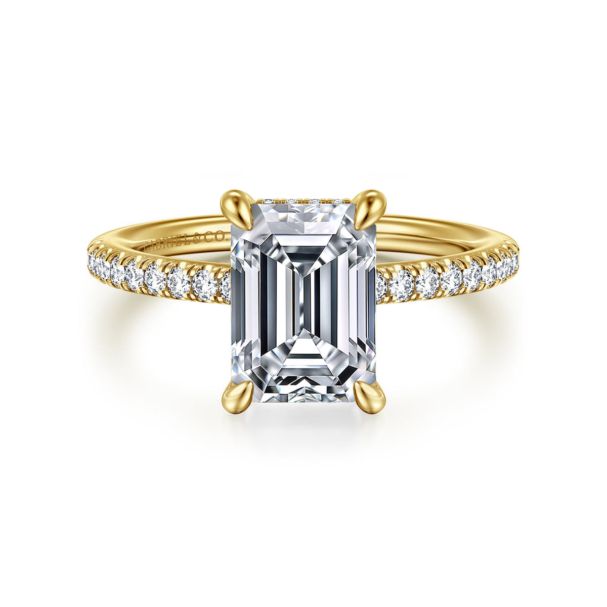 14K Yellow Gold Emerald Cut Hidden Halo Diamond Engagement Ring — Gabriel & Co. ER16321E10Y44JJ; center stone shown for illustration, not included