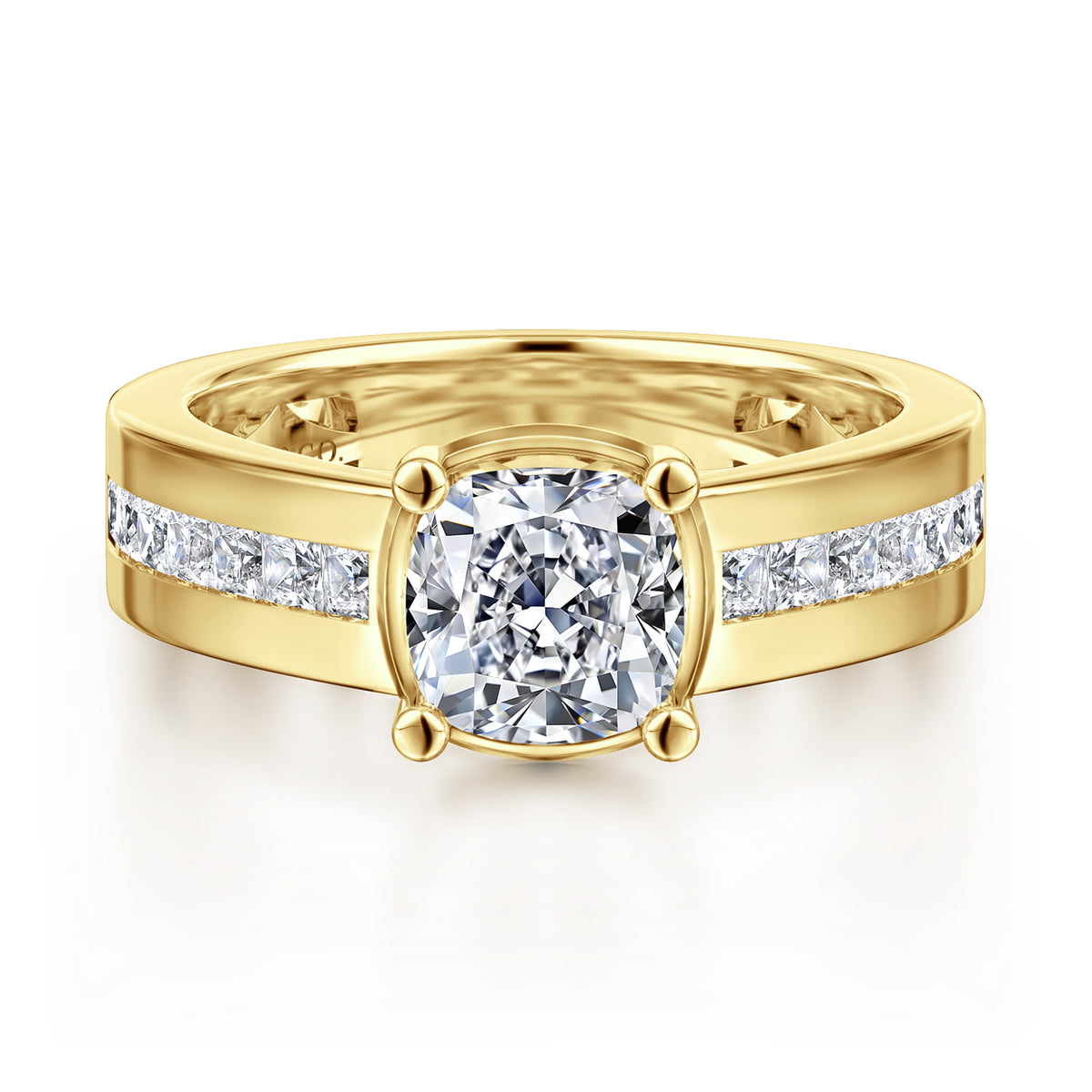 14K Yellow Gold Wide Band Cushion Cut Diamond Engagement Ring — ER16328C6Y44JJ; center stone shown for illustration, not included