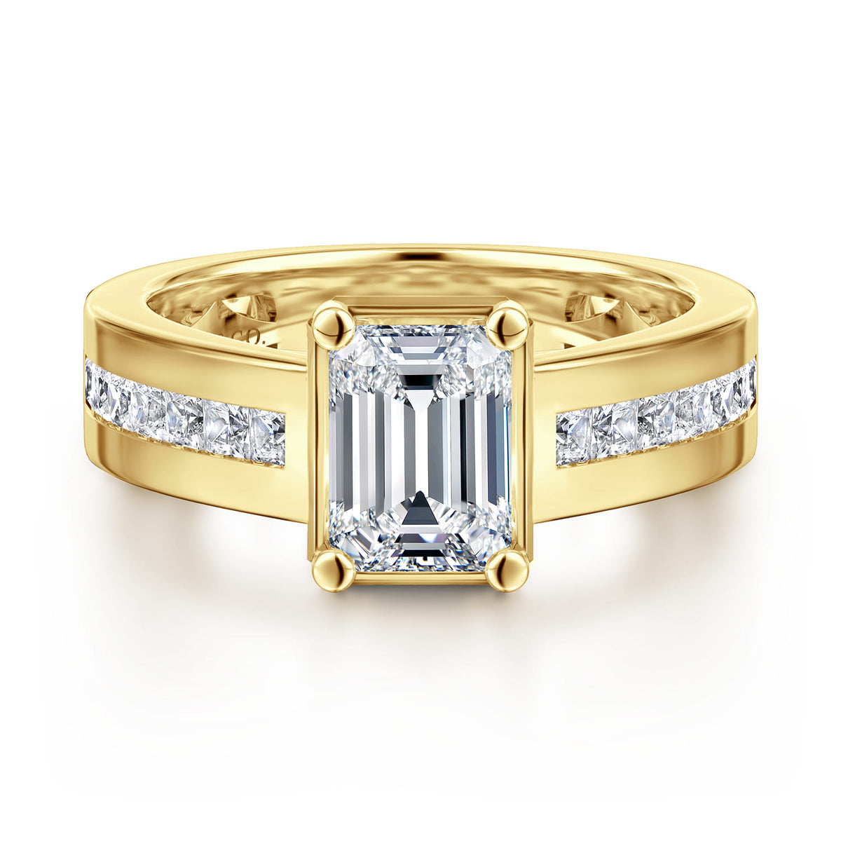 14K Yellow Gold Wide Band Emerald Cut Diamond Engagement Ring — ER16328E6Y44JJ; center stone shown for illustration, not included