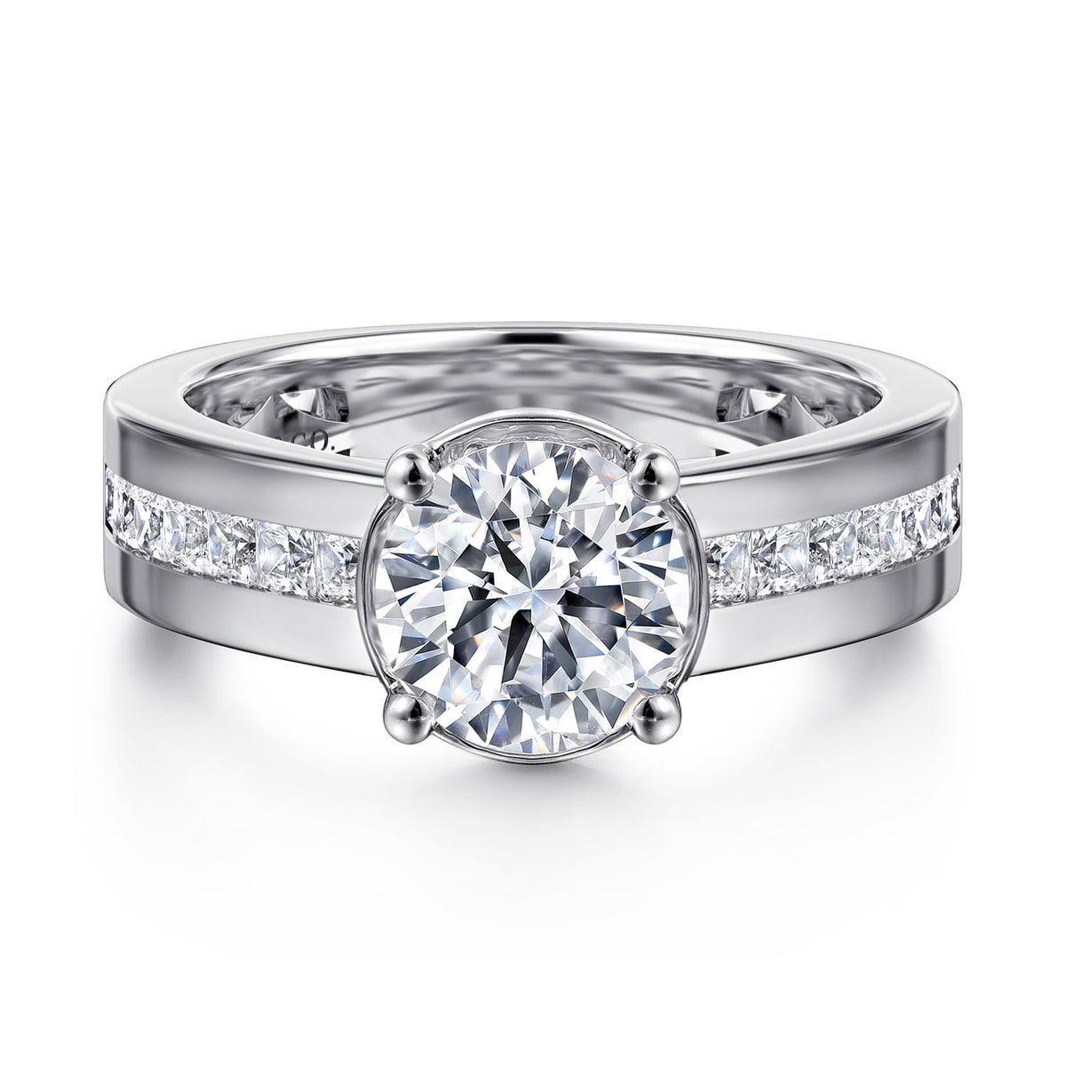 14K White Gold Wide Band Round Diamond Engagement Ring — Gabriel & Co. ER16328R6W44JJ; center stone shown for illustration, not included
