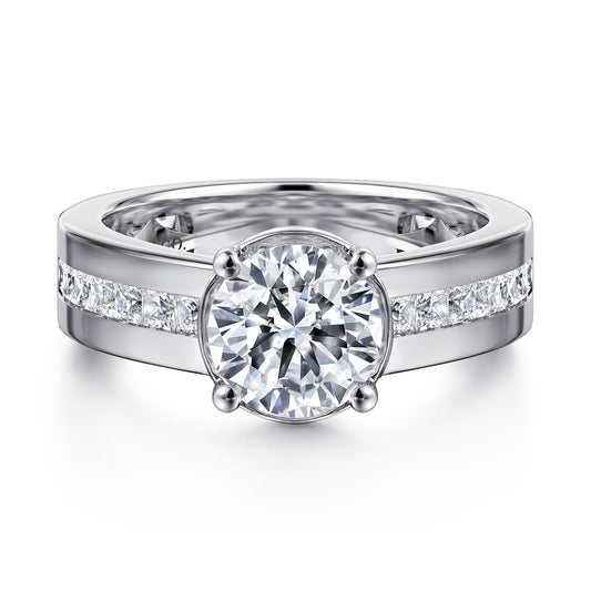 14K White Gold Wide Band Round Diamond Engagement Ring — Gabriel & Co. ER16328R6W44JJ; center stone shown for illustration, not included
