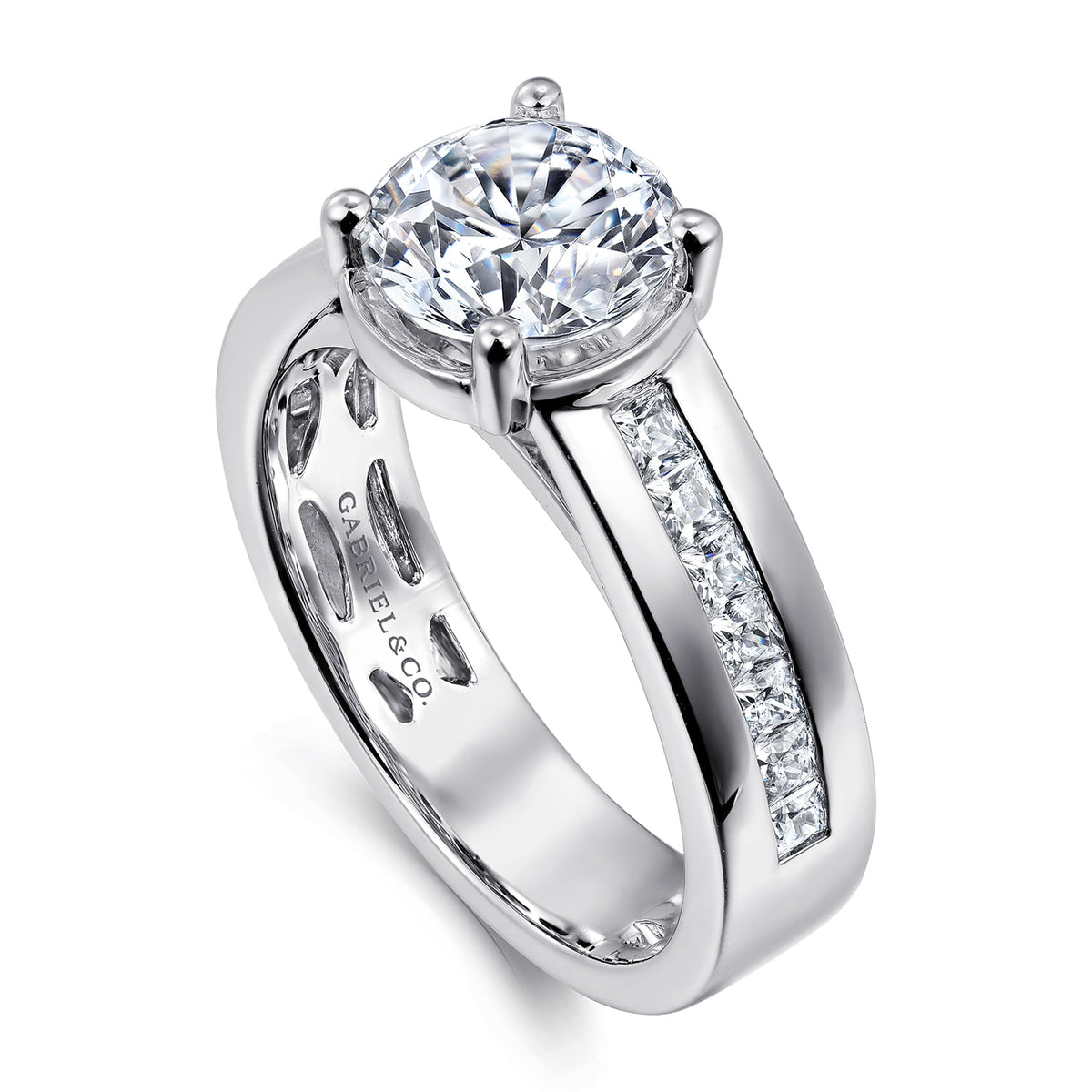14K White Gold Wide Band Round Diamond Engagement Ring — Gabriel & Co. ER16328R6W44JJ; center stone shown for illustration, not included