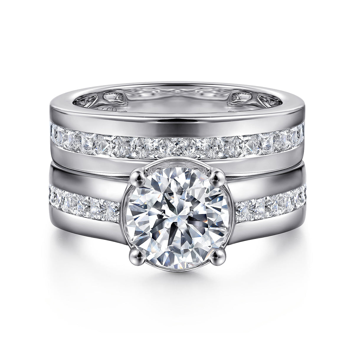 14K White Gold Wide Band Round Diamond Engagement Ring — Gabriel & Co. ER16328R6W44JJ; center stone shown for illustration, not included