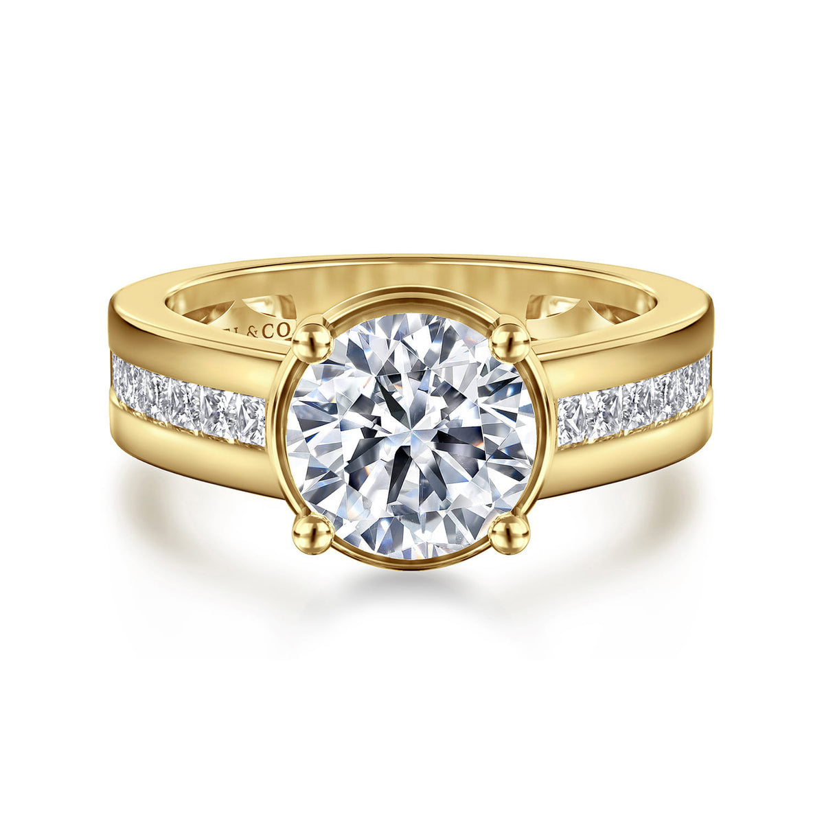 14K Yellow Gold Wide Band Round Diamond Engagement Ring — Gabriel & Co. ER16328R8Y44JJ; center stone shown for illustration, not included