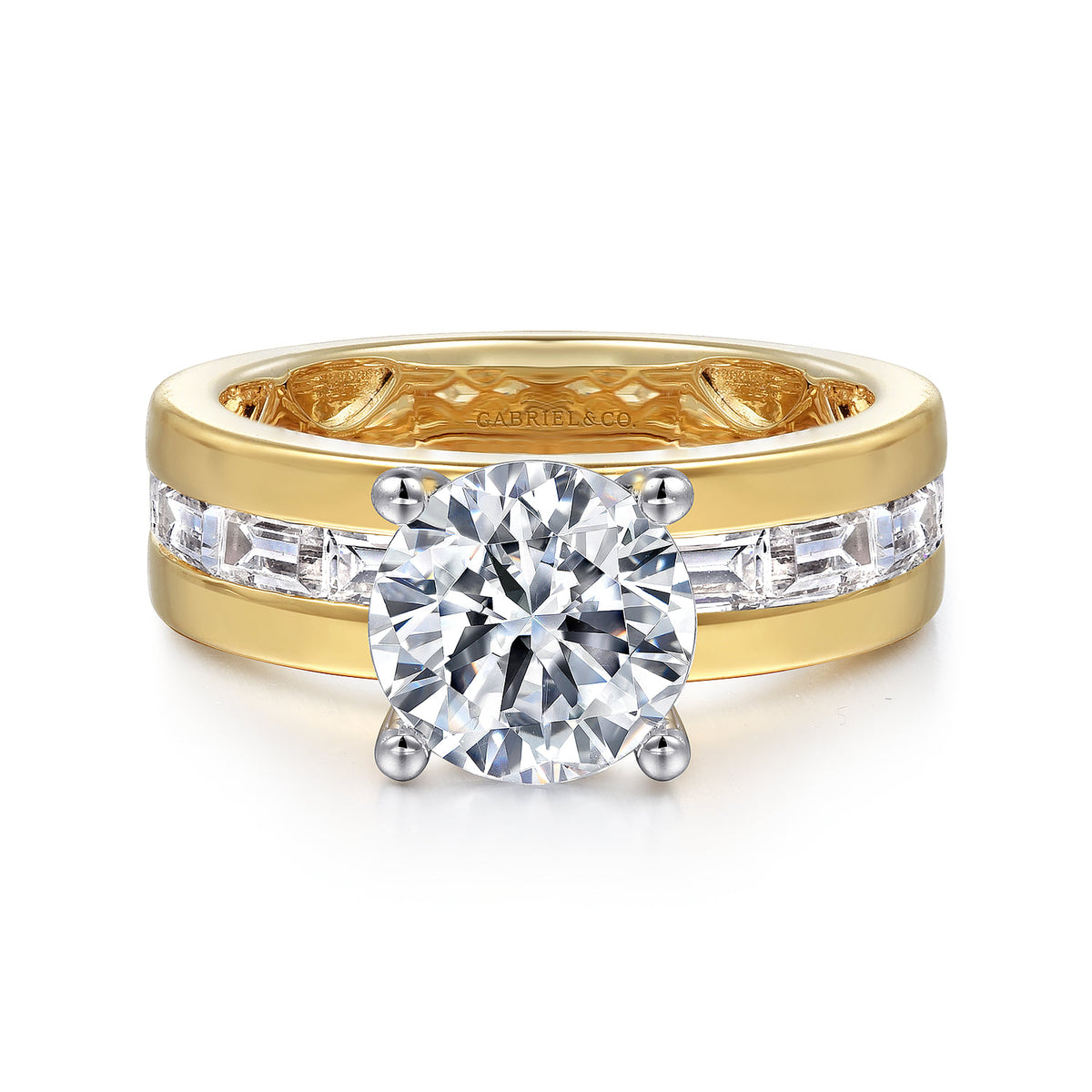 14K Yellow-White Gold Channel Set Baguette Wide Band Round Diamond Engagement Ring — Gabriel & Co. ER16335R8M43JJ; center stone shown for illustration, not included