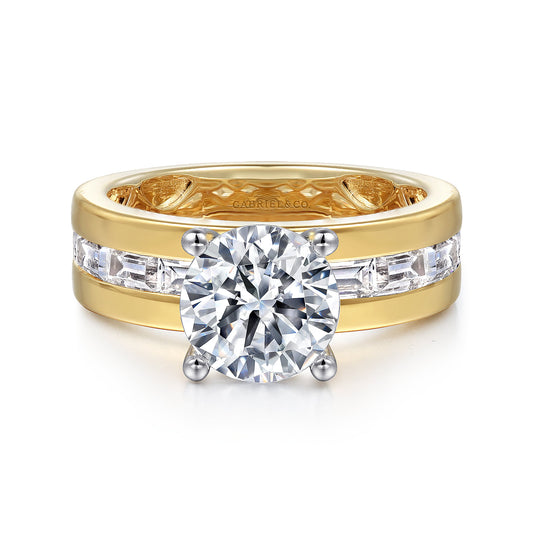 14K Yellow-White Gold Channel Set Baguette Wide Band Round Diamond Engagement Ring — Gabriel & Co. ER16335R8M43JJ; center stone shown for illustration, not included