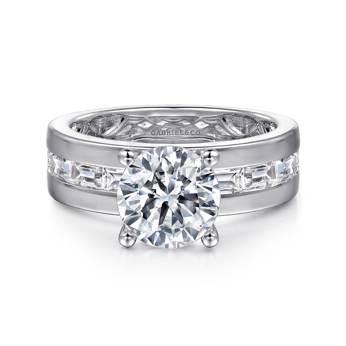 14K White Gold Channel Set Baguette Round Diamond Engagement Ring — Gabriel & Co. ER16335R8W43JJ; center stone shown for illustration, not included