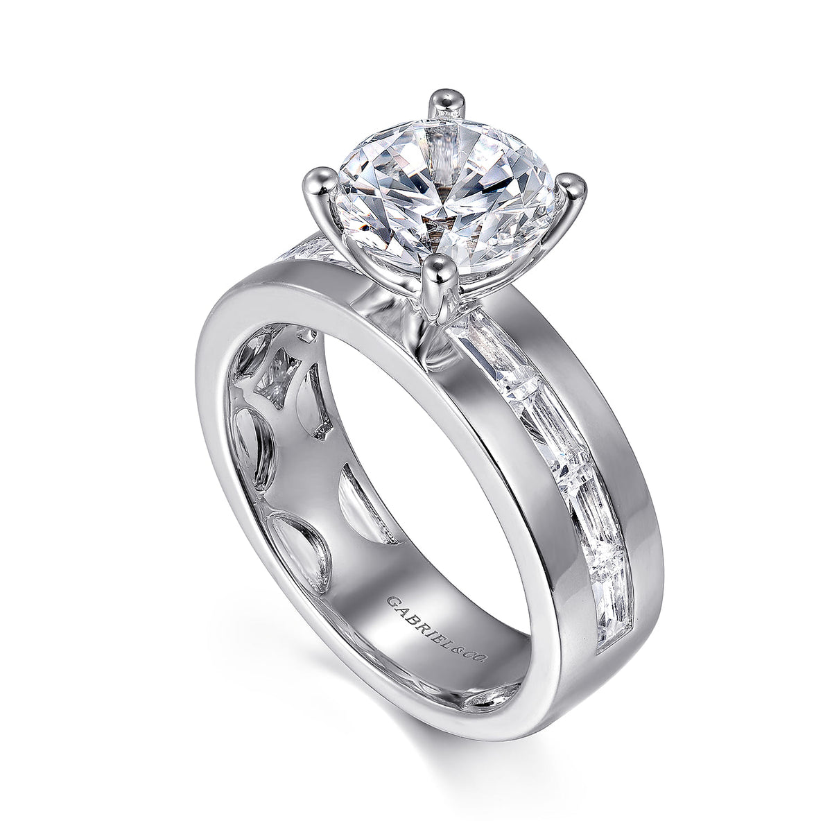 14K White Gold Channel Set Baguette Round Diamond Engagement Ring — Gabriel & Co. ER16335R8W43JJ; center stone shown for illustration, not included