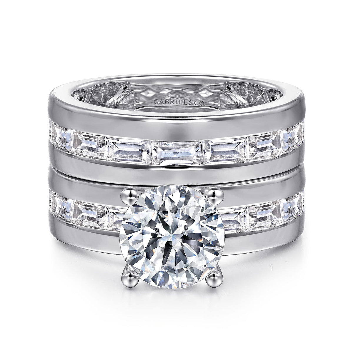 14K White Gold Channel Set Baguette Round Diamond Engagement Ring — Gabriel & Co. ER16335R8W43JJ; center stone shown for illustration, not included