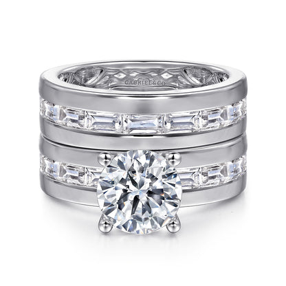 14K White Gold Channel Set Baguette Round Diamond Engagement Ring — Gabriel & Co. ER16335R8W43JJ; center stone shown for illustration, not included