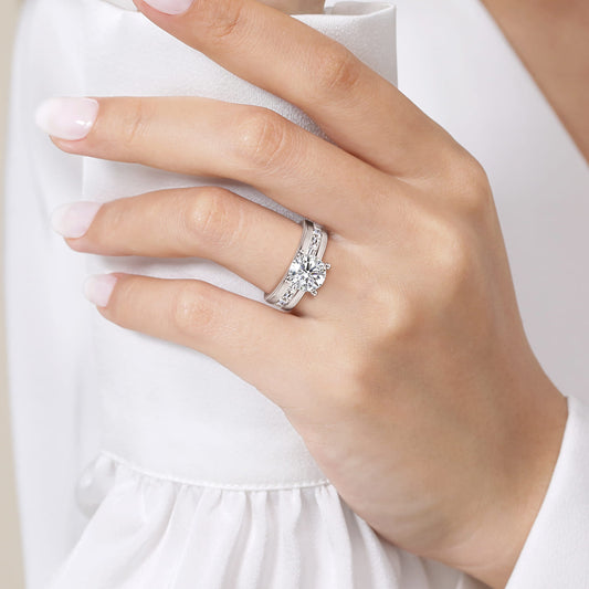 14K White Gold Channel Set Baguette Round Diamond Engagement Ring — Gabriel & Co. ER16335R8W43JJ; center stone shown for illustration, not included