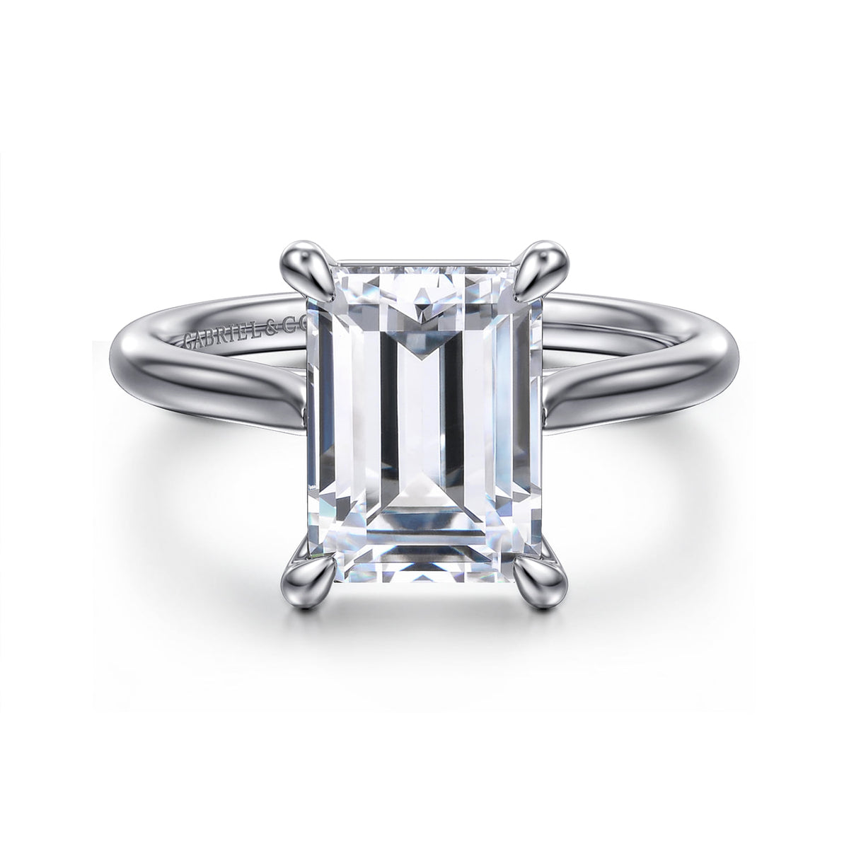 14K White Gold  Emerald Cut Solitaire Diamond Engagement Ring — Gabriel & Co. ER16336E12W4JJJ; center stone shown for illustration, not included
