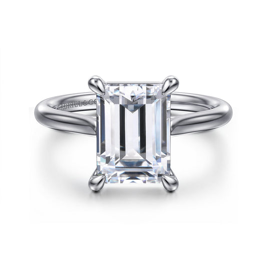 14K White Gold  Emerald Cut Solitaire Diamond Engagement Ring — Gabriel & Co. ER16336E12W4JJJ; center stone shown for illustration, not included