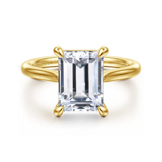 14K Yellow Gold Emerald Cut Solitaire Diamond Engagement Ring — Gabriel & Co. ER16336E12Y4JJJ; center stone shown for illustration, not included