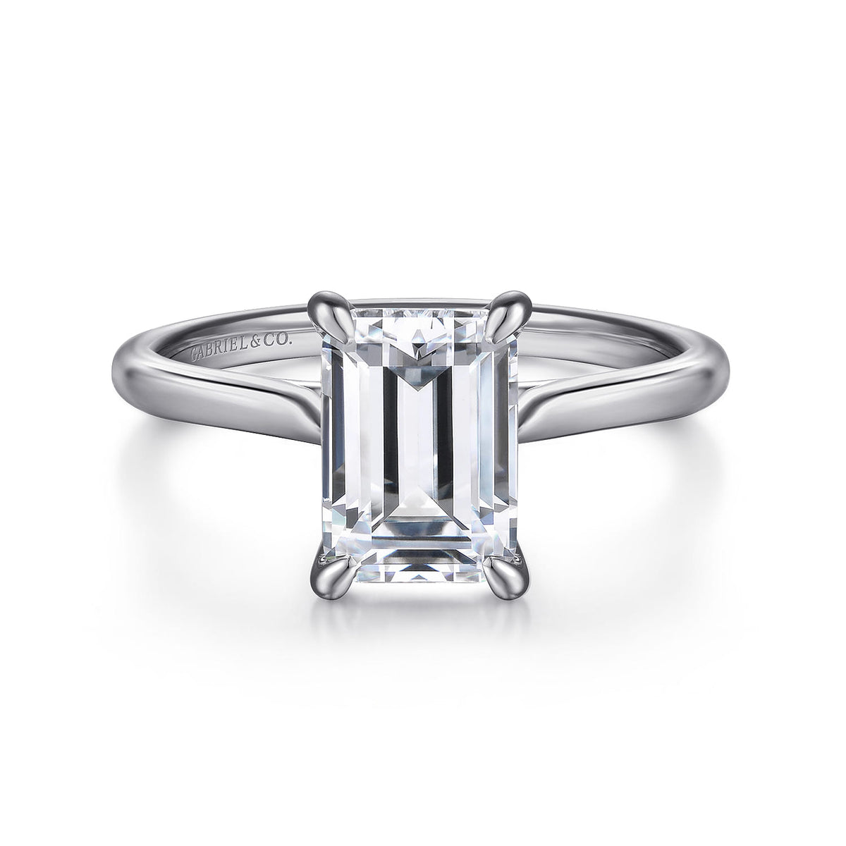 14K White Gold Emerald Cut Solitaire Diamond Engagement Ring — Gabriel & Co. ER16336E8W4JJJ; center stone shown for illustration, not included