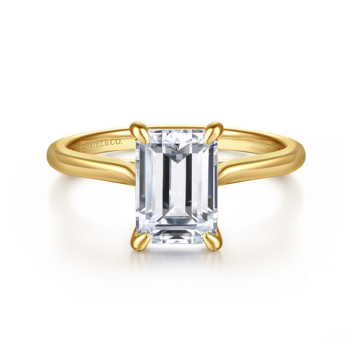 14K Yellow Gold Emerald Cut Solitaire Diamond Engagement Ring — Gabriel & Co. ER16336E8Y4JJJ; center stone shown for illustration, not included