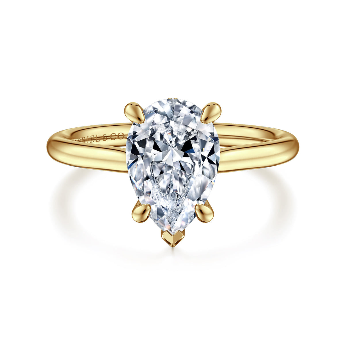 14K Yellow Gold Pear Shape Solitaire Diamond Engagement Ring — Gabriel & Co. ER16337P8Y44JJ; center stone shown for illustration, not included