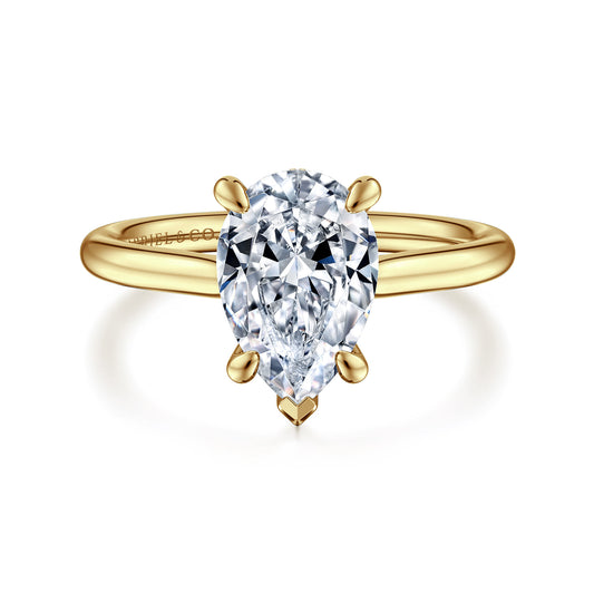 14K Yellow Gold Pear Shape Solitaire Diamond Engagement Ring — Gabriel & Co. ER16337P8Y44JJ; center stone shown for illustration, not included