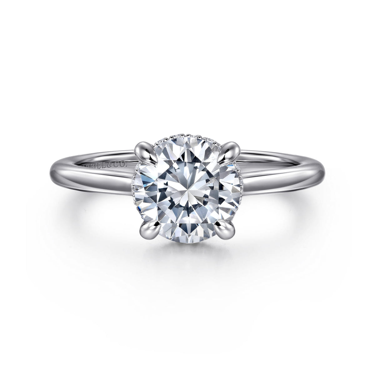 Platinum Round  Diamond Engagement Ring — Gabriel & Co. ER16340R6PT4JJ; center stone shown for illustration, not included