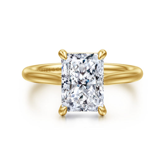 14K Yellow Gold Radiant Cut Solitaire Diamond Engagement Ring — Gabriel & Co. ER16355N10Y4JJJ; center stone shown for illustration, not included