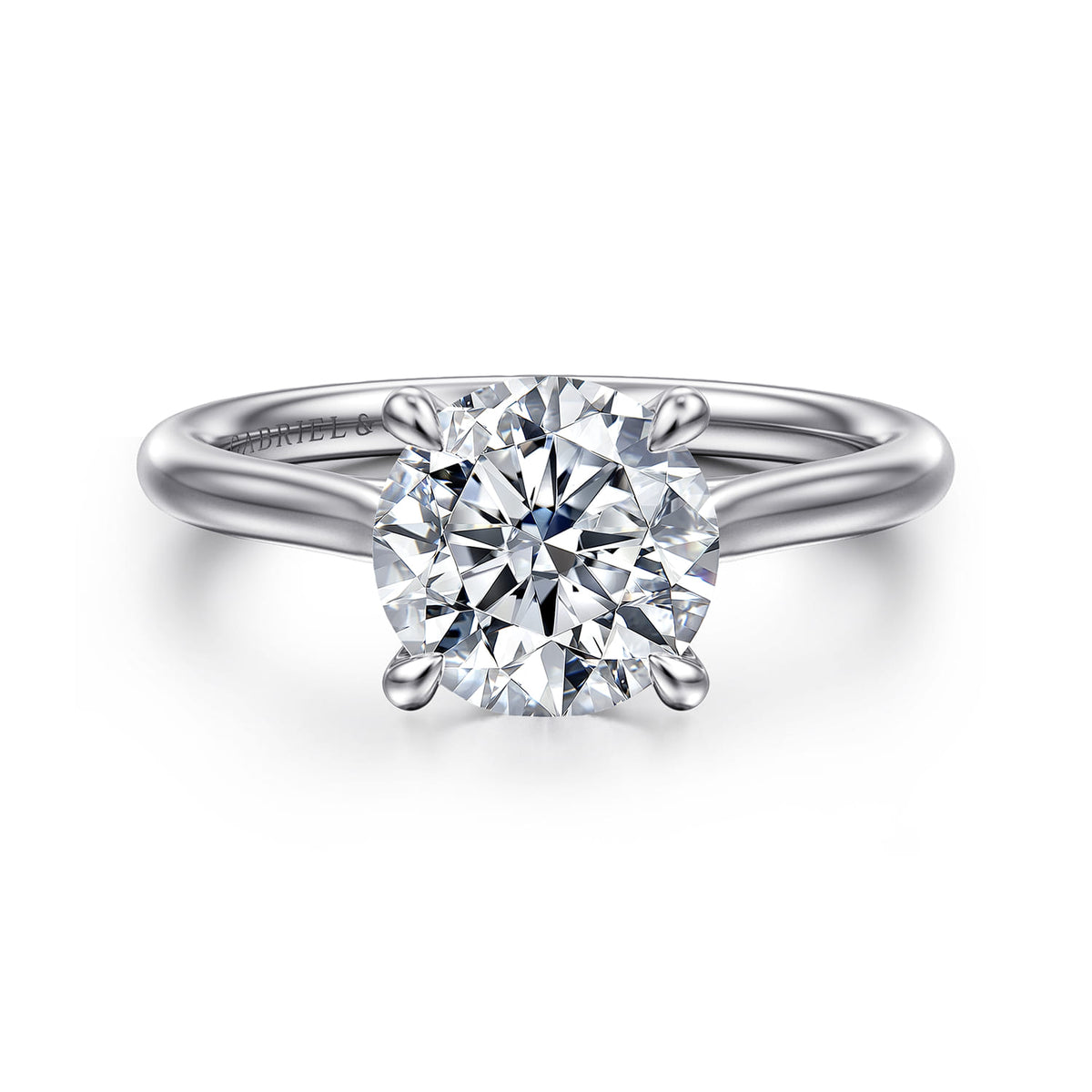 14K White Gold Round Solitaire Diamond Engagement Ring — Gabriel & Co. ER16355R8W4JJJ; center stone shown for illustration, not included