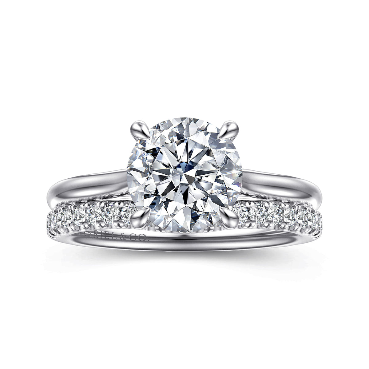 14K White Gold Round Solitaire Diamond Engagement Ring — Gabriel & Co. ER16355R8W4JJJ; center stone shown for illustration, not included