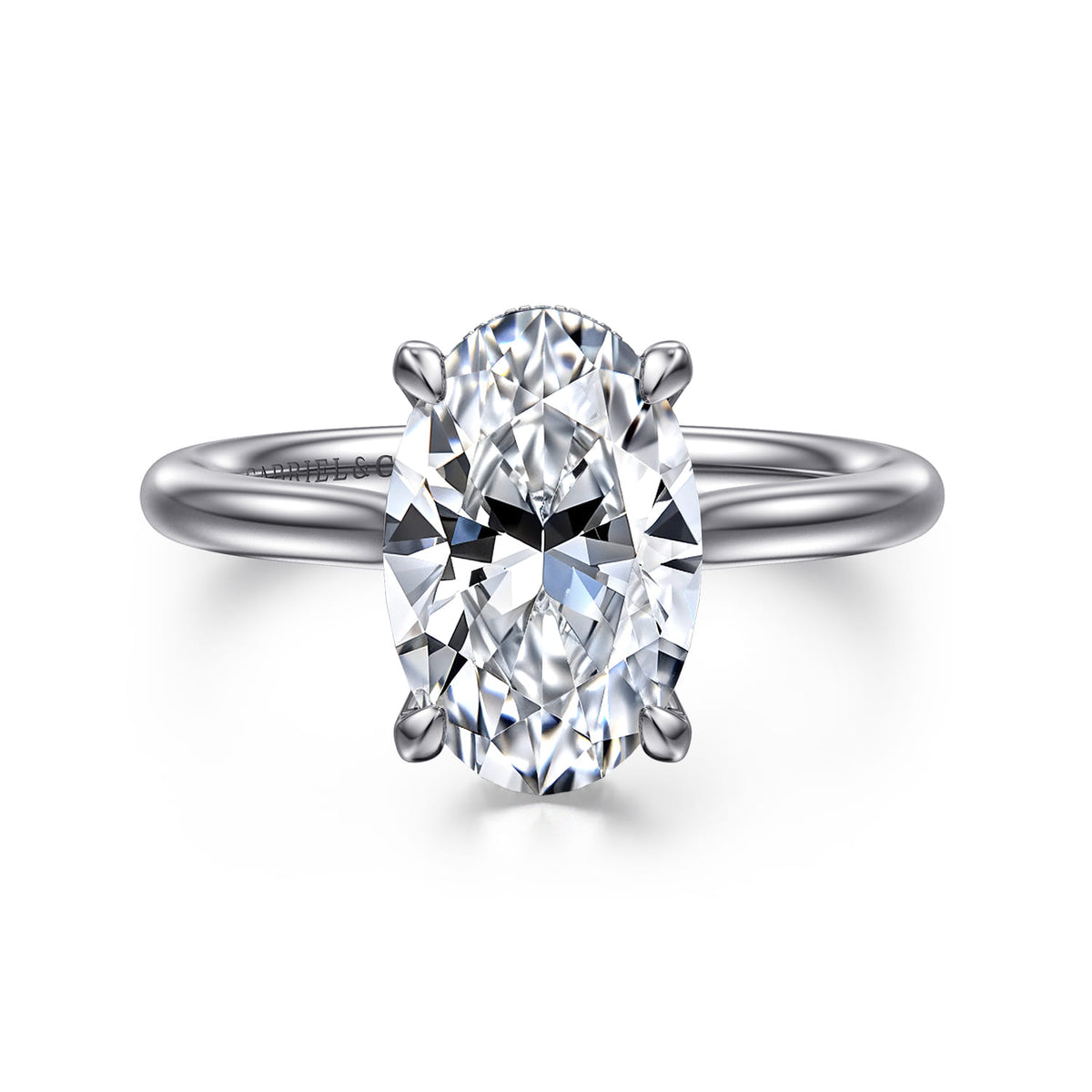 14K White Gold Oval Solitaire Diamond Engagement Ring — Gabriel & Co. ER16356O12W44JJ; center stone shown for illustration, not included