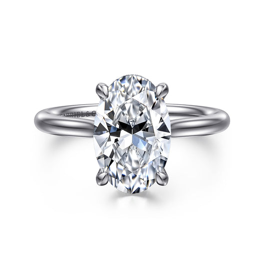 14K White Gold Oval Solitaire Diamond Engagement Ring — Gabriel & Co. ER16356O12W44JJ; center stone shown for illustration, not included