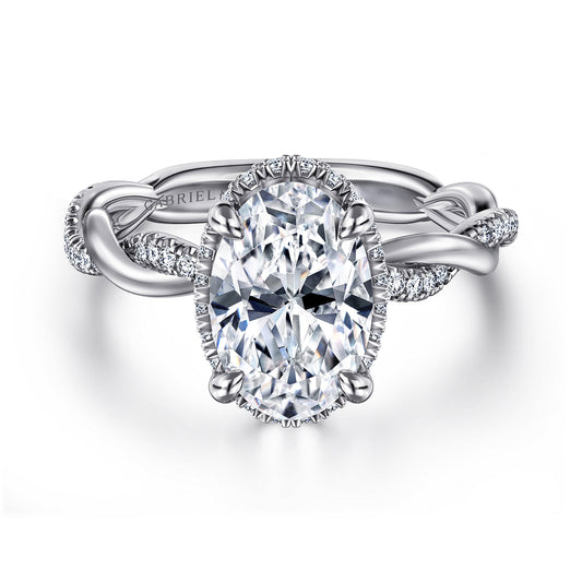 14K White Gold Twisted Oval Halo Diamond Engagement Ring — Gabriel & Co. ER16357O8W44JJ; center stone shown for illustration, not included
