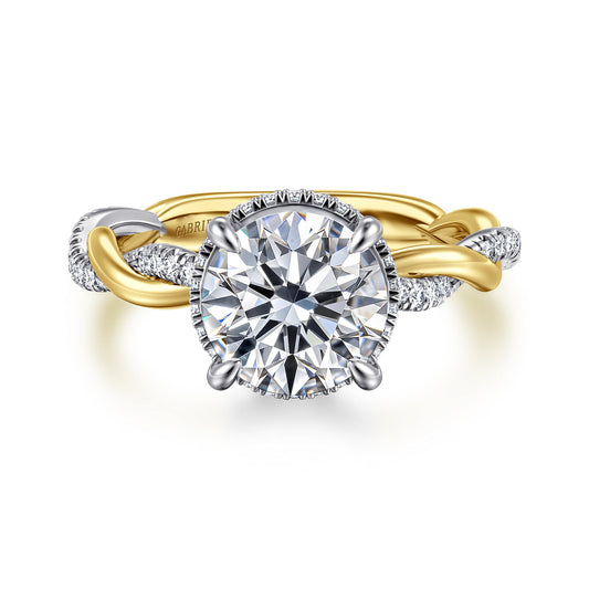 14K White-Yellow Gold Twisted Round Halo Diamond Engagement Ring — Gabriel & Co. ER16357R8M44JJ; center stone shown for illustration, not included