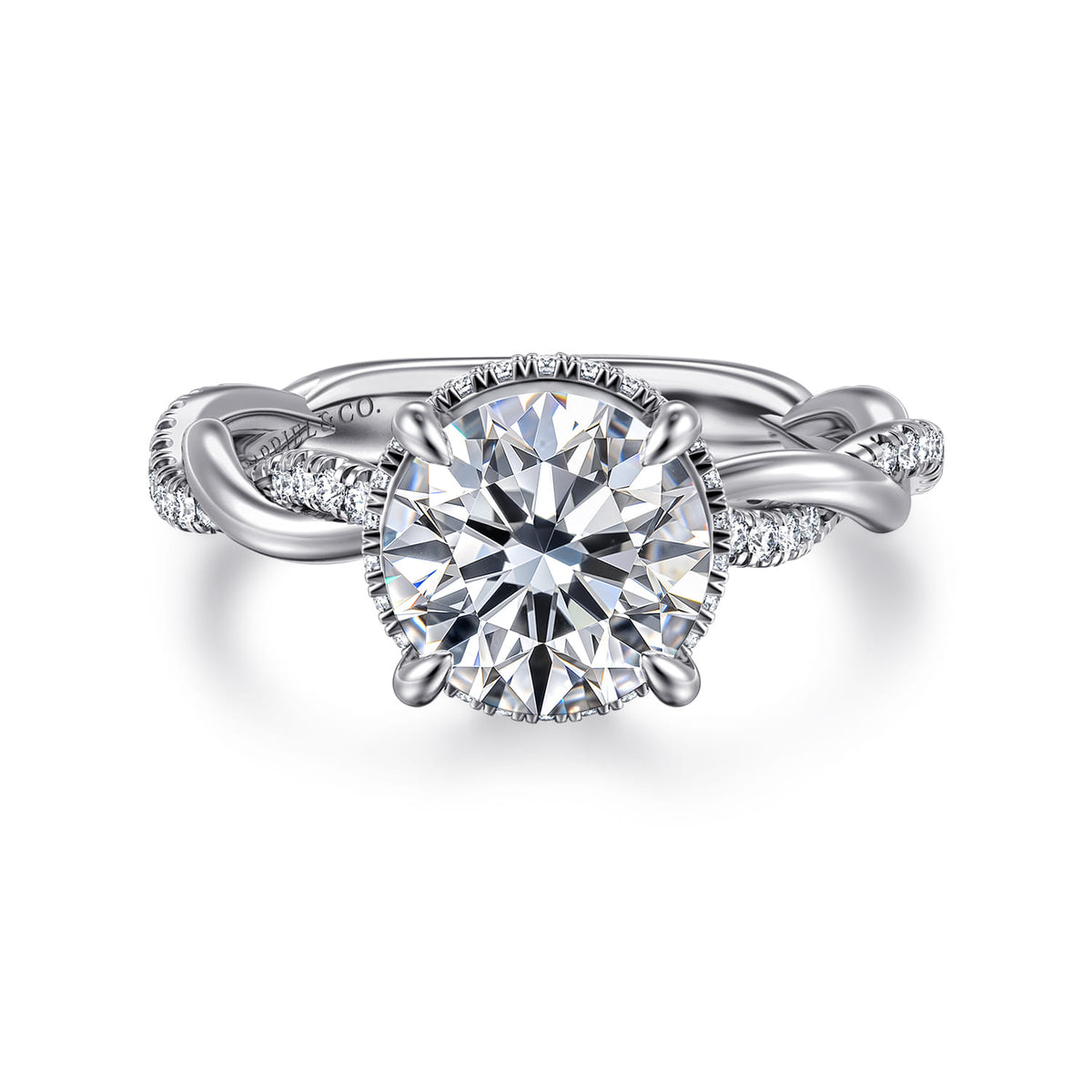 14K White Gold Twisted Round Halo Diamond Engagement Ring — Gabriel & Co. ER16357R8W44JJ; center stone shown for illustration, not included