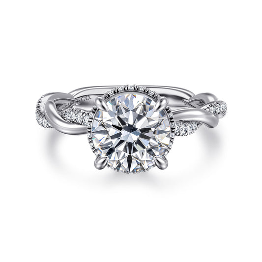 14K White Gold Twisted Round Halo Diamond Engagement Ring — Gabriel & Co. ER16357R8W44JJ; center stone shown for illustration, not included