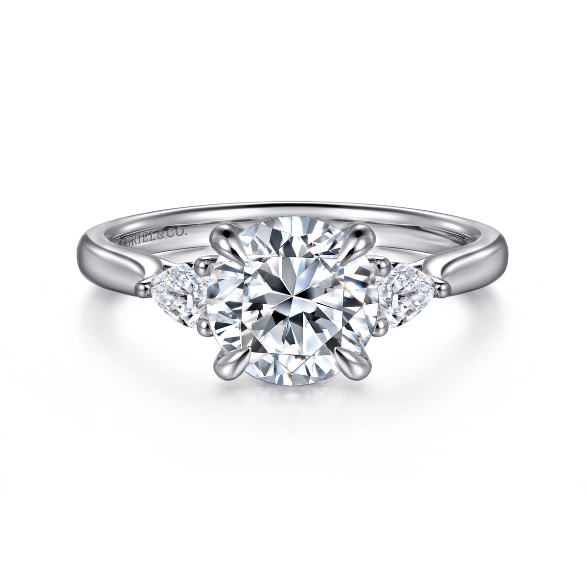 14K White Gold Three Stone Round Lotus Diamond Engagement Ring — Gabriel & Co. ER16402R8W44JJ; center stone shown for illustration, not included